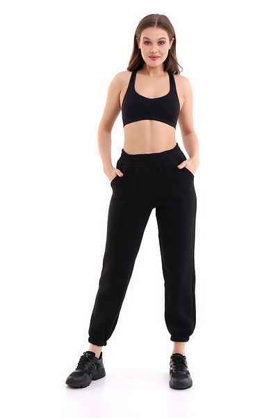 winmoda Μαύρο Jogger Track Παντελόνι Ψηλόμεσο 3 Κλωστών Ανυψωμένο