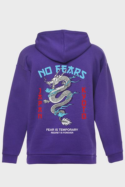 DEEPSENCE Unisex Owersize Hooded Sweatshirt Purple No Fears Print