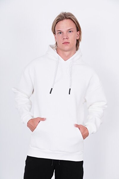 Saw Urbanity Ekru Beyaz Unisex Oversize Basic Düz Şardonlu Kapişonlu 3 Iplik Sweatshirt Hoodie