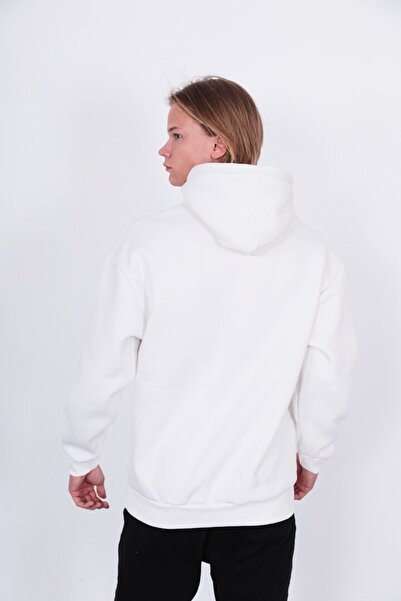 Saw Urbanity Ekru Beyaz Unisex Oversize Basic Düz Şardonlu Kapişonlu 3 Iplik Sweatshirt Hoodie