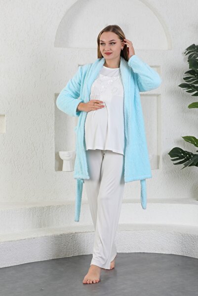 Miss Dünya Lissa Kadın Bebe Mavisi Uzun Kollu Welsoft Sabahlıklı Hamile Ve Lohusa Pijama Takımı