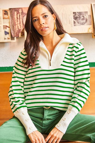 Olalook Women's Grass Green Collar Detailed Cuff Buttoned Striped Knitwear Sweater KZK-19000454