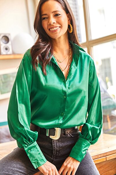 Olalook Kadın Zümrüt Yeşili Manşet Detaylı Dokuma Saten Gömlek GML-19000984