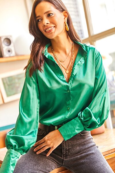 Olalook Kadın Zümrüt Yeşili Manşet Detaylı Dokuma Saten Gömlek GML-19000984