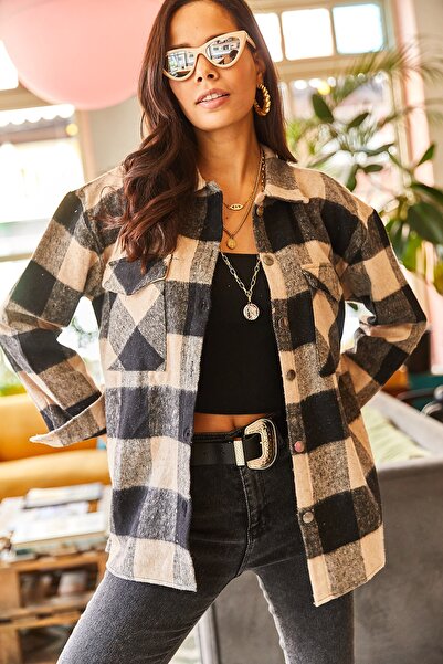 Olalook Kadın Bej-Siyah Ekose Çift Cepli Oversize Kaşe Gömlek GML-19001045