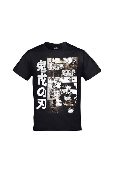 Orijin Tekstil Demon Slayer Characters Μπροστά πίσω με τυπωμένο Unisex μαύρο μπλουζάκι