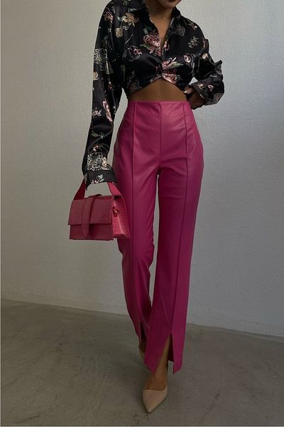 lovebox Women's High Waist Slit Detailed Pink Faux Leather Trousers 200022