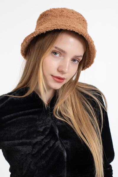 LadyColor Women's Winter Hat Plush Fabric Bucket Model Camel