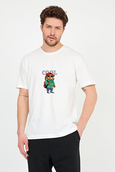 ADEGO Men's Ecru Cool Teddy Bear Printed Crew Neck Oversize Cotton T-shirt
