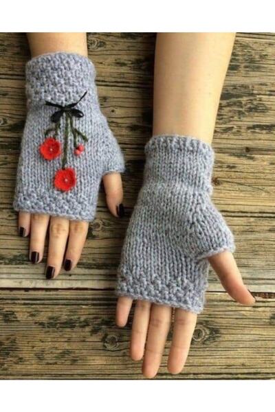 YOS TREND Gri Renk Çiçek Detaylı Kadın Eldiven