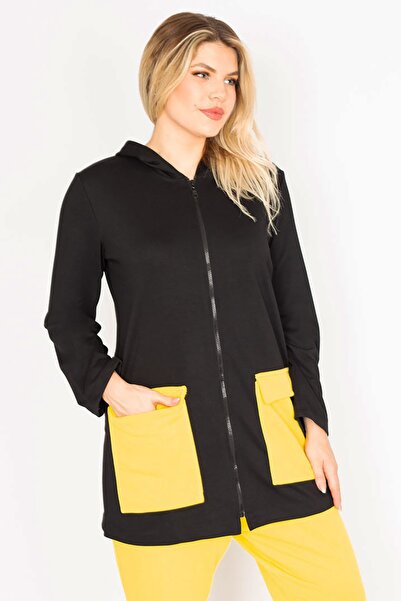 Şans Women's Large Size Yellow Pocket Combination Hooded Front Zipper Sweatshirt Trousers Set 65n34904