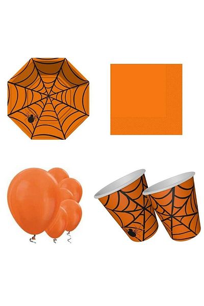DÜVENCİ TİCARET Orange Spider Web Mini Party Store Halloween Set for 8 People