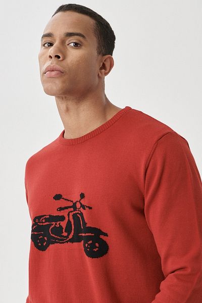 AC&Co / Altınyıldız Classics Men's Red-black Standard Fit Crew Neck Patterned 100% Cotton Knitwear Sweater