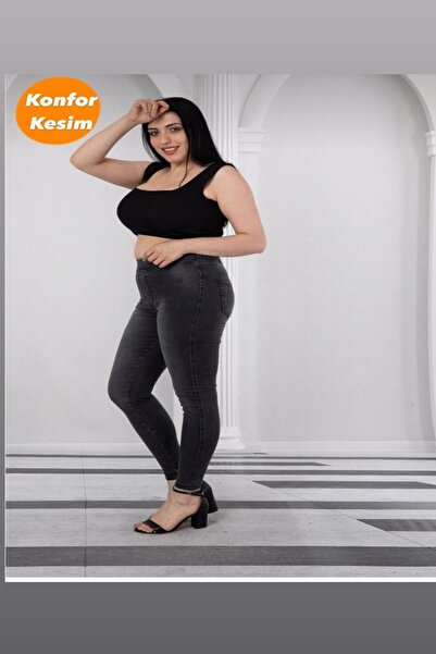 ModamarkReal Kadın Beli Lastikli Kot Tayt Pantolon / Toparlayıcı /konfor Kesim/büyük-küçük-beden Koyu Füme