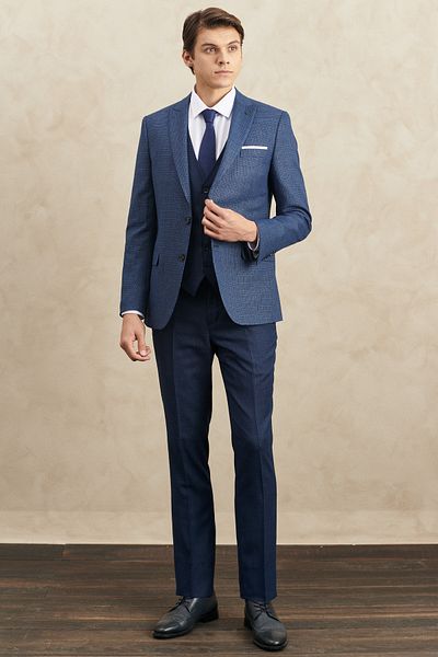 ALTINYILDIZ CLASSICS Men's Navy Blue Slim Fit Slim Fit Swallow Collar Classic Suit with Dobby Vest