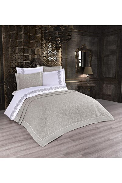 Finezza Freya Jacquard Embroidered Cotton Duvet Cover Gray Bridal Set 9 Piece...