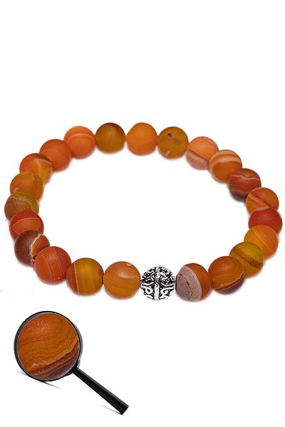 Tesbih Atölyesi Aaa Certified Raw Embroidered Orange Agate Stone Bracelet - Silver Apparatus