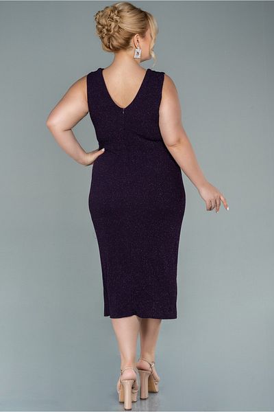 Abiyefon Dark Purple Double Breasted Collar Sleeveless Midi Glitter Plus Size Evening Dress Abk1492