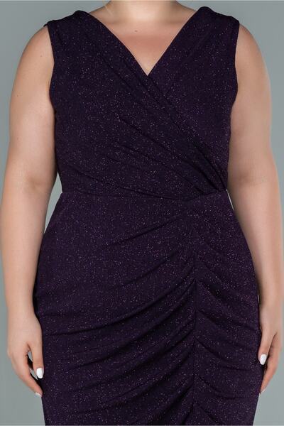 Abiyefon Dark Purple Double Breasted Collar Sleeveless Midi Glitter Plus Size Evening Dress Abk1492