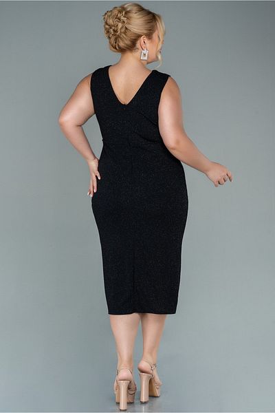 Abiyefon Black Double Breasted Collar Sleeveless Midi Glitter Plus Size Evening Dress Abk1492