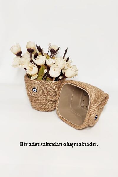 nftart.design Nazar Boncuklu & Hasır Jüt Ip Tekli Kare Sukulent Saksı
