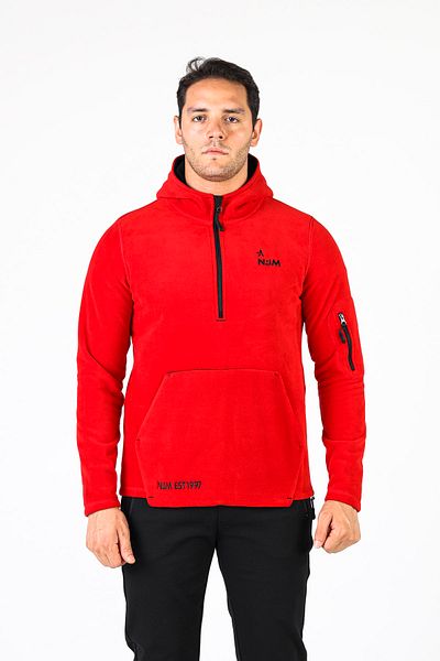 NJM SPORT WEAR Men's Fleece Red Black Half Zipper Pocket Hooded Outdoor Slim Fit Winter Sweat