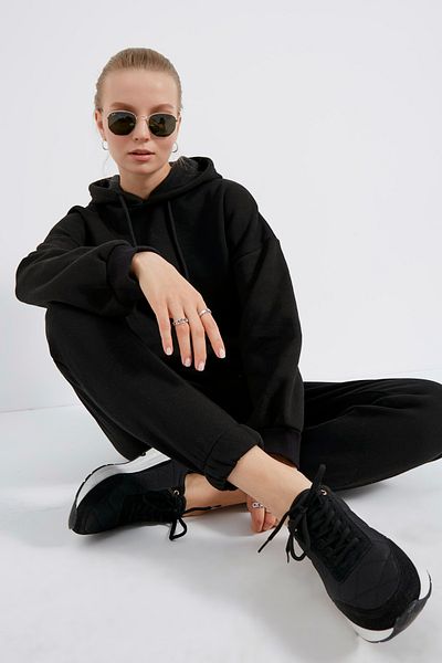 MEECY Set de trening oversize din lână cu glugă neagră pentru femei