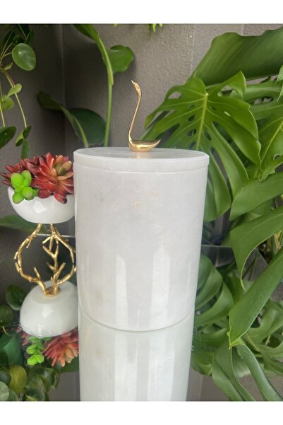 MIARIK DESIGN & DEKORASYON Dekoratif Beyaz Mermer Çöp Kovası Gold Kuğu Kuş De...