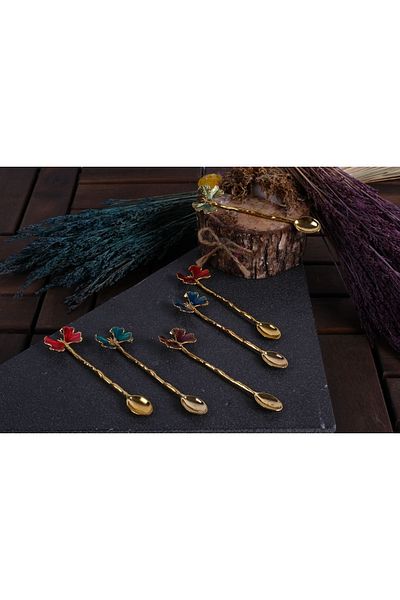 CHANCE GİFT Gold Plated Butterfly Figure Enameled 6 Teaspoon