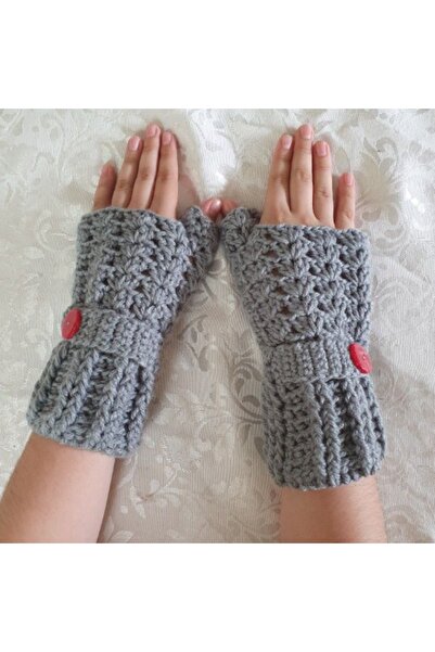 YOS TREND Gri Renk Düğme Detaylı Kadın Yarım Eldiven