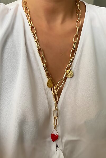 Liveyn Design قلادة ذهبية طويلة بتفاصيل ليرة وقلب