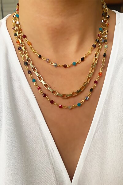 Liveyn Design Üç Sıralı Kristal Taşlı Kolye Kombini