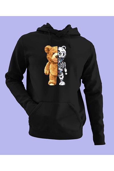 Raf Coll Φούτερ με κουκούλα Unisex Μαύρο Oversize Robotic Bear με ψηφιακή στάμπα
