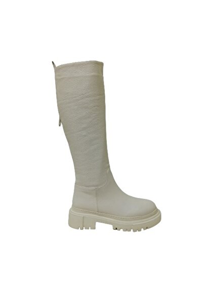 ALBİNİ Bej Deri Kadın Çizme Bot Ayakkabı