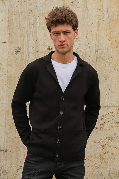CHUBA Men's Double Breasted Collar Buttoned Pocket Knitwear Cardigan Black 23w220