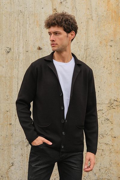 CHUBA Men's Double Breasted Collar Buttoned Pocket Knitwear Cardigan Black 23w220