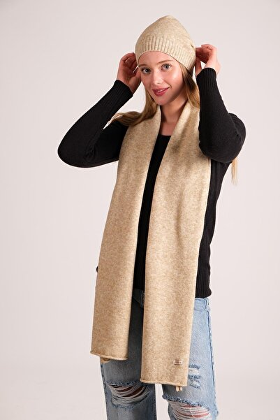 CHUBA Women's Melange Soft Button Scarf Beanie Set Beige 23w505