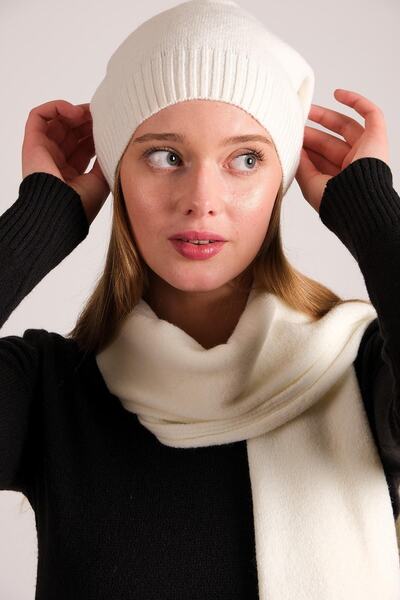 CHUBA Women's Melange Soft Tuşe Scarf Beanie Set Ecru 23w505