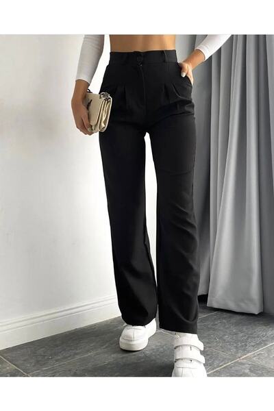 LİMABEL Women's Pleated Black High Waist Palazzo Pants