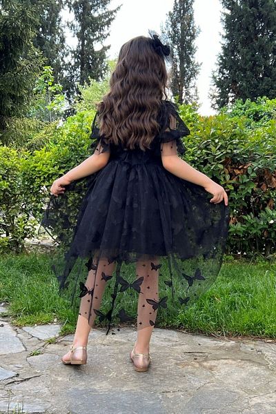 ABİYEKİDS Μαύρο παιδικό βραδινό φόρεμα με σχέδιο πεταλούδας Aby4523