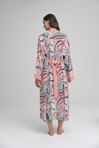 Haşema Renkli Yaprak Desenli Pudra Uzun Kimono