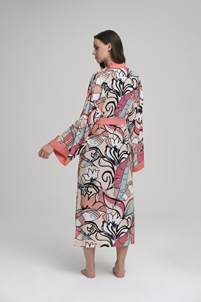 Haşema Renkli Puantiye Desenli Nar Çiçeği Uzun Kimono