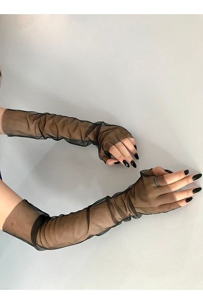 Hayalperest boncuk Rochie de seara fara degete cu manusi din tul negru - maneci din lycra si transparente