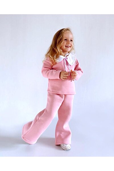 le petit sole Girl's Pink Ruffle Collar Top-Top Set