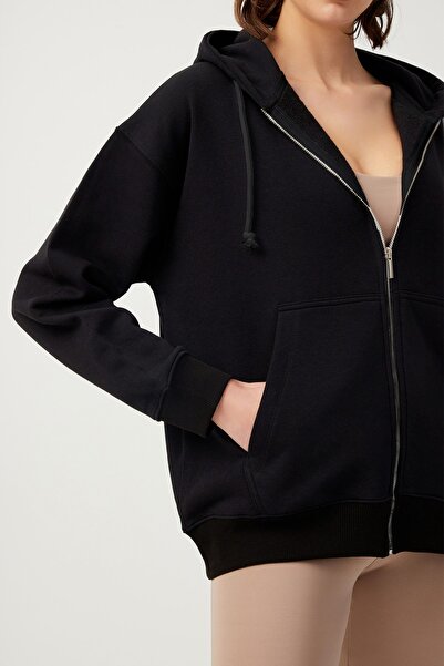 Los Ojos Dámská černá oversize mikina s žebrovaným zipem a kapucí