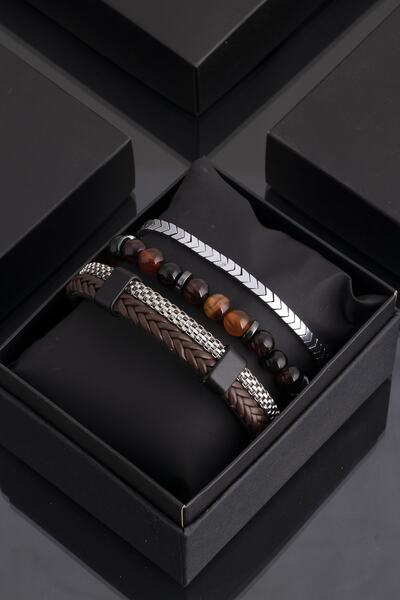 Sortie Aksesuar Hakiki Deri, Hematitli Ve Doğal Taşlı Erkek 3'lü Kombin Bilek...