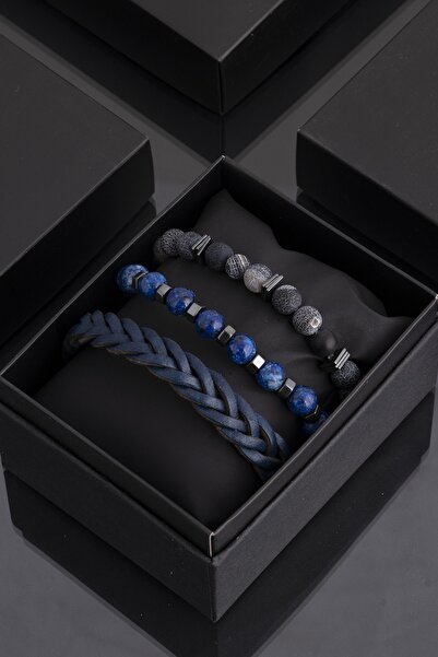 Sortie Aksesuar Hakiki Deri, Hematitli Ve Doğal Taşlı Erkek 3'lü Kombin Bilek...