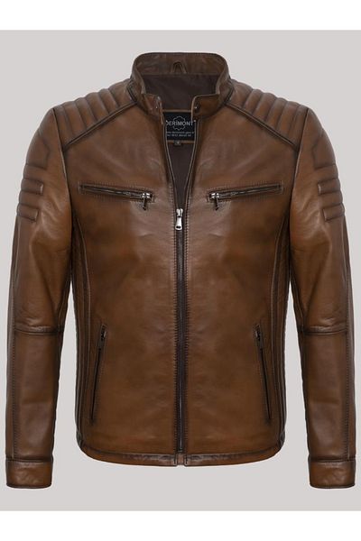 Derimont's Genuine Leather Brown Shoulder Sleeve Embroidered Men's Leather Jacket