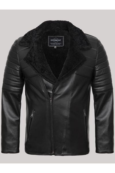 Derimont's Genuine Leather Men's Black Leather Jacket with Fur Inside and Side Pockets