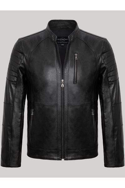 Derimont's Genuine Leather Black Three-Pocket Shoulder Embroidered Men's Leather Jacket